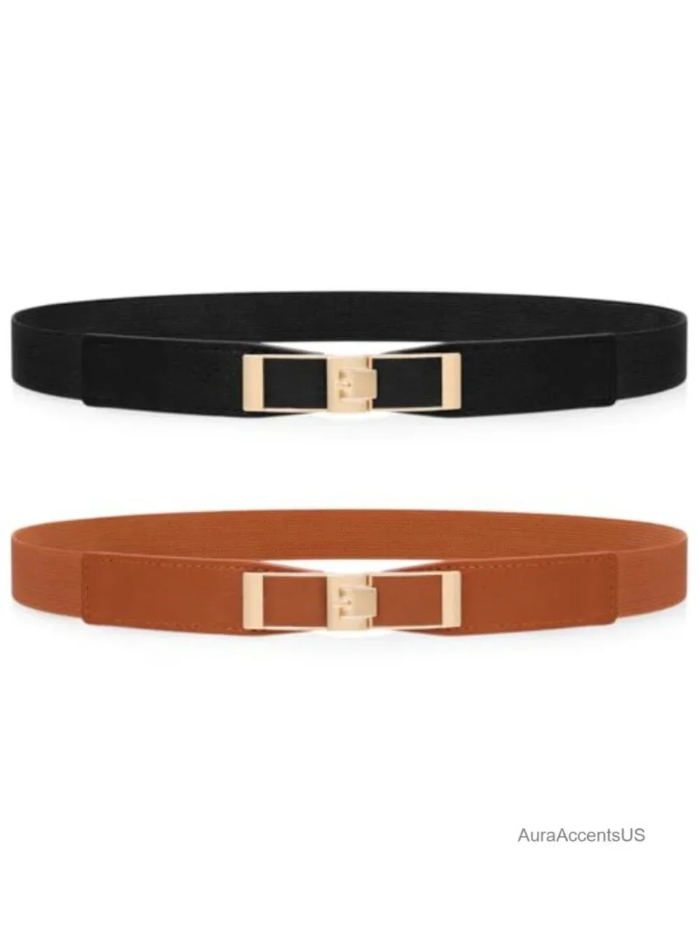 2 Pack Skinny Elastic Stretch Belt with Gold Buckle for Dresses